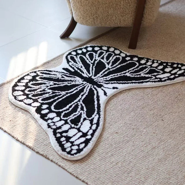 Rynx | Black White Tufting Butterfly Bedroom Rug Living Room Floor Mat Nightstand Mat Aesthetic Home Children's Room Nursery Decor