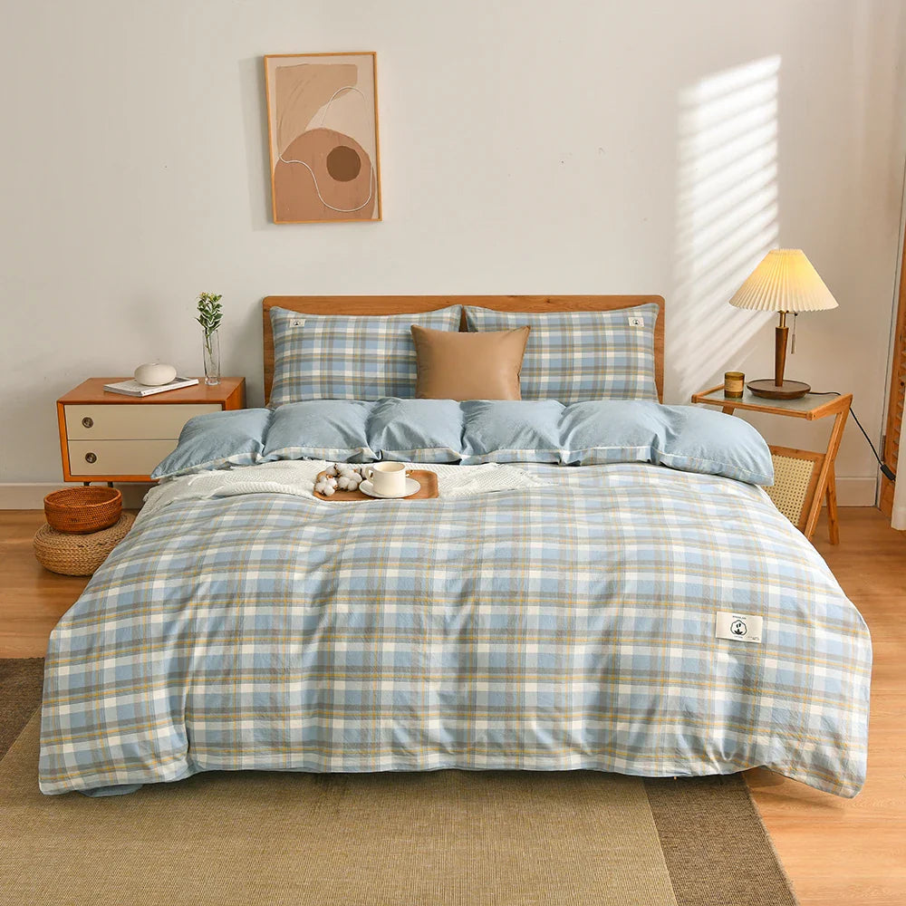 Rynx | 100% Cotton Duvet Cover Set with Pillowcase Japanese Style Grid Duvet Cover 220x240 Duvet Cover Set King Size