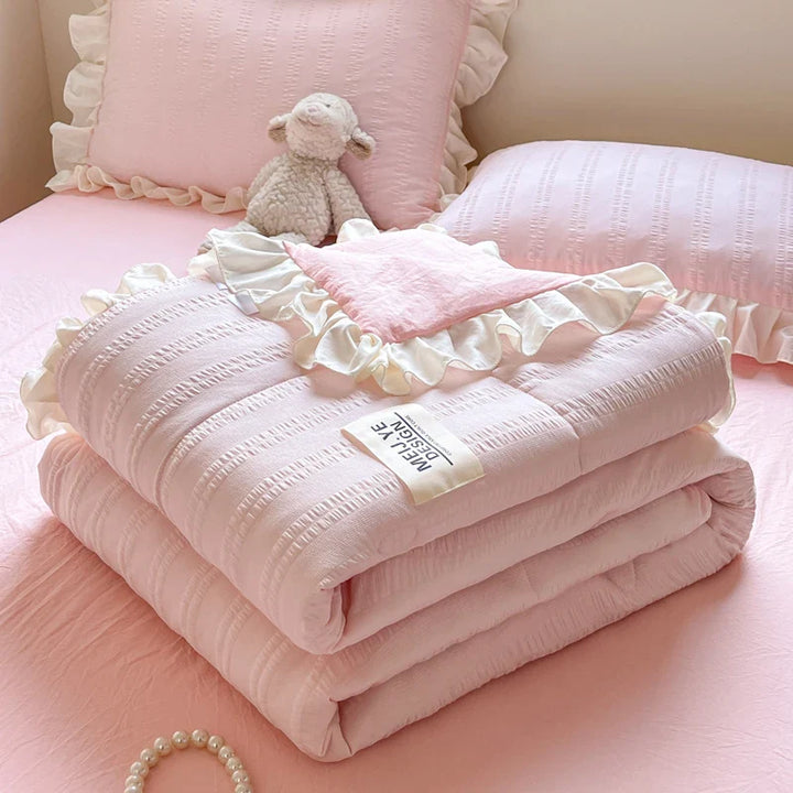 Rynx | Korean Princess Style Summer Cool Quilt Comforter Soft Seersucker Lace Ruffle Summer Thin Quilt Blanket Machine Washable