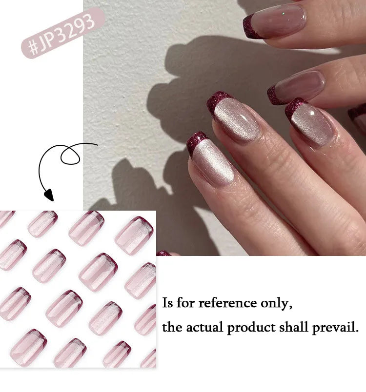 Rynx | Nude Pink Cat Eye Red French Nail Art Portable Fashion False Nails Removable Ready False Nails Press on Nails with Glue