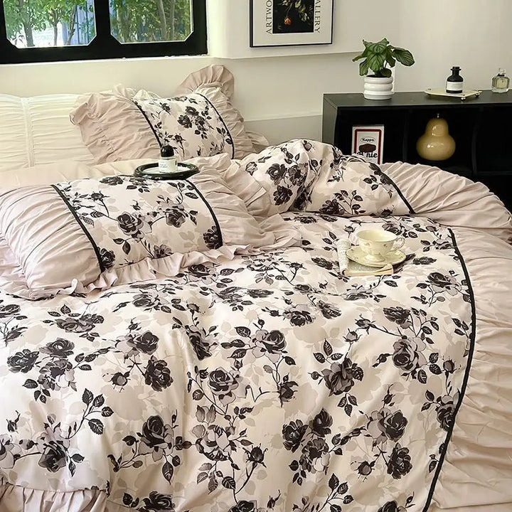 Rynx | French Retro Lightweight Luxury Washed Cotton Four-Piece Set Bedroom Lace Bedding Set Single Bedding Set Dorm Bedding