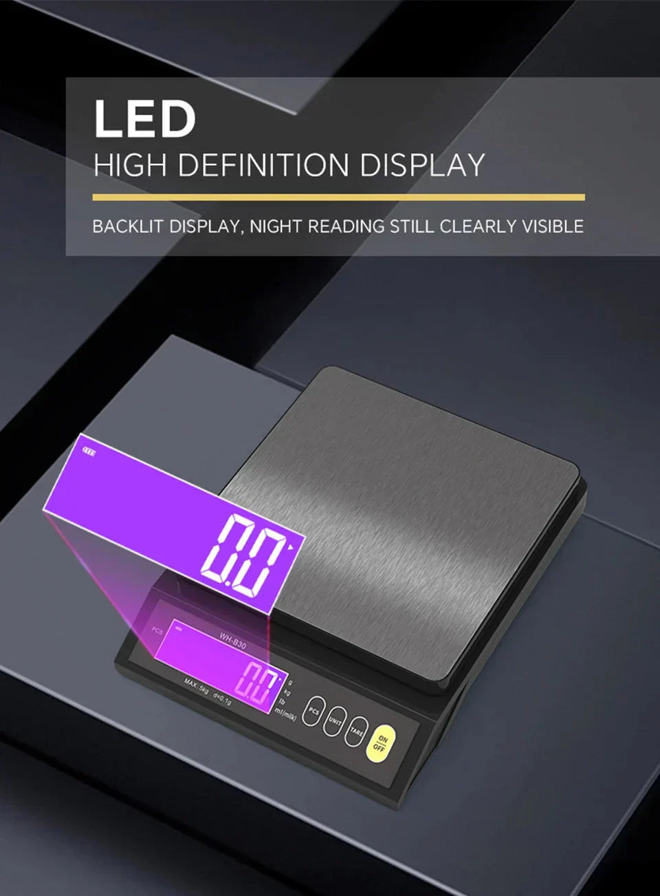 Lisslune | 5 kg/0.1 g and 10 kg/1 g digital electronic kitchen scale, LCD display, fully waterproof stainless steel weighing tool for baking