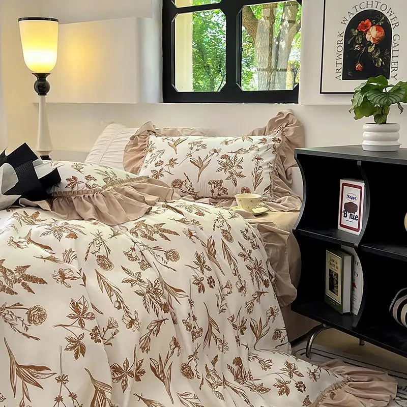 Rynx | French Retro Lightweight Luxury Washed Cotton Four-Piece Set Bedroom Lace Bedding Set Single Bedding Set Dorm Bedding