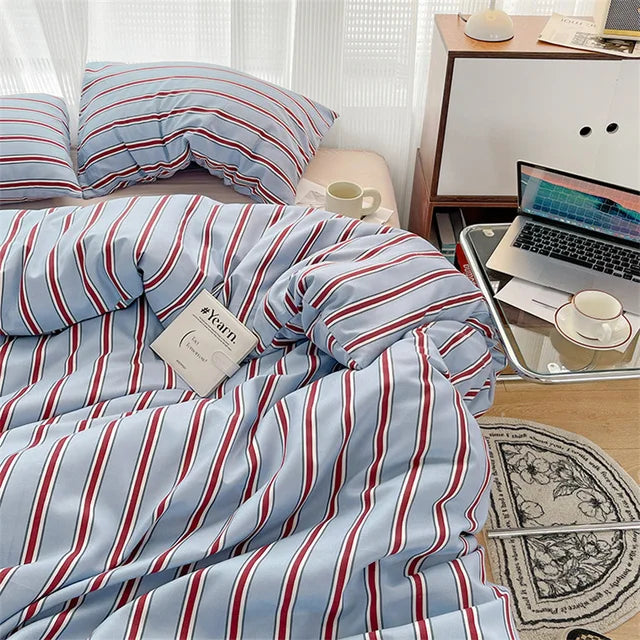Rynx | Pure Cotton Home Textiles Blue Striped Bedding Set Simple Soft Duvet Cover Sheets Pillowcase In Style Bedding Queen King Size