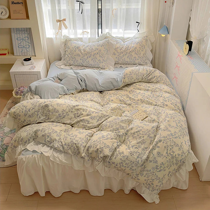 Rynx | Korean Style Flower Bedding Set 2024 New Washed Cotton 4-piece Bed Sheet Set Duvet Cover Set for Girls Bedding Decor Home