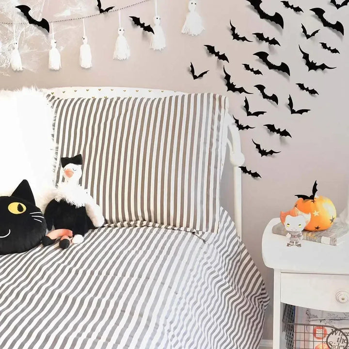 Rynx | 12-120 pieces Halloween decoration 3D black PVC bat Halloween party DIY decor wall stickers bar room Halloween party spooky decor