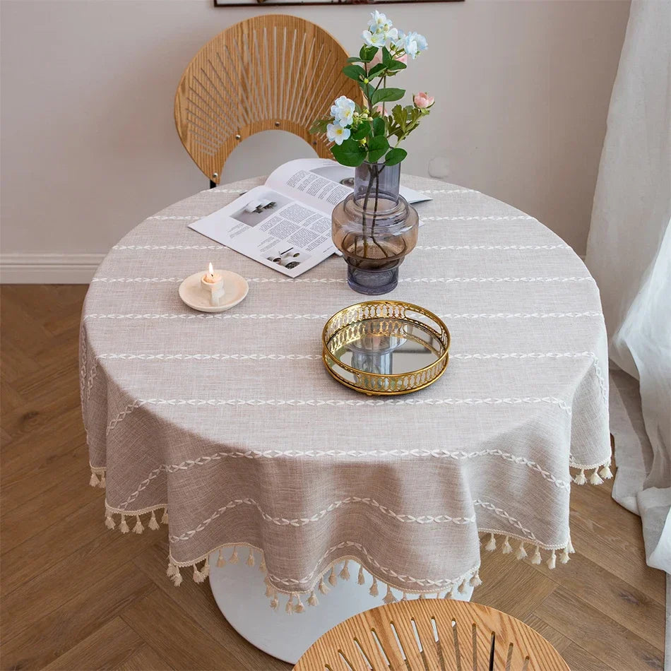 Rynx Cotton Linen Three-Dimensional Jacquard Checked Round Tablecloth, Tassel Dustproof Tablecloth, For Dinner Party Wedding Decor
