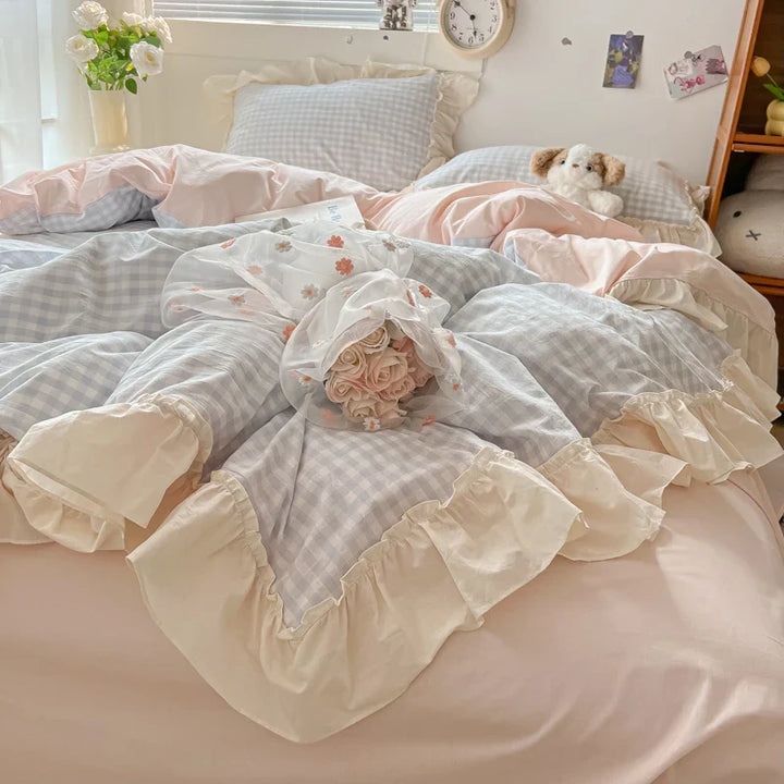 Rynx | Korean Princess Style Bedding Set Soft Skin-friendly Grid Lace Ruffles Duvet Cover Checkered Style Duvet Covers Set Pillow Covers
