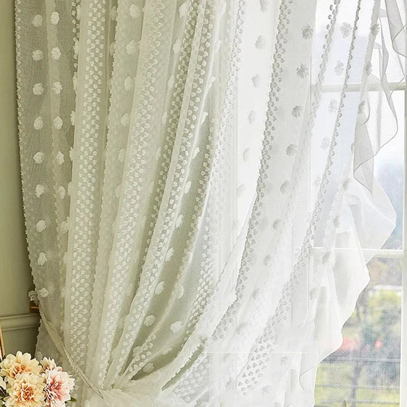 Rynx | 3D White Pompon Embroidery Tulle Modern Striped Sheer Curtains for the Living Room Ruffle Design Sheer Voile Window Draperies