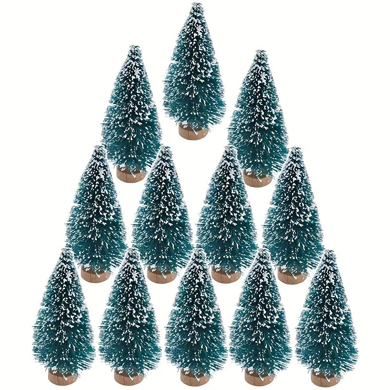 Rynx | 24 pieces, Mini Christmas sisal snow frost tree with wooden bottle brush - Perfect desktop tree for Christmas party and home decor