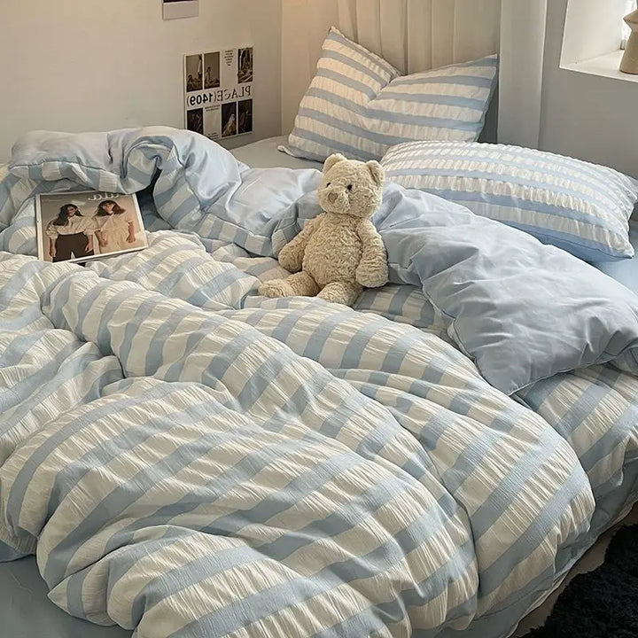 Rynx | INS Blue White Stripes Seersucker Duvet Cover Bed Sheet Pillowcases NO Filling Princess Bedding Set Girls Home Textiles Full Size