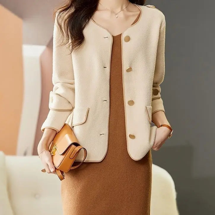 Rynx | Autumn and Winter Wool Clothing Small Scent Style Korean Collarless Loose Top Women Autumn and Winter Style Outer Wear Jackets