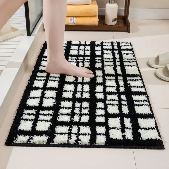 Rynx | Tufting Black White Bathroom Mat Soft Geometric Stripes Bath Mat Carpet Living Area Pad Non-Slip Neat Cover Living Room Decor