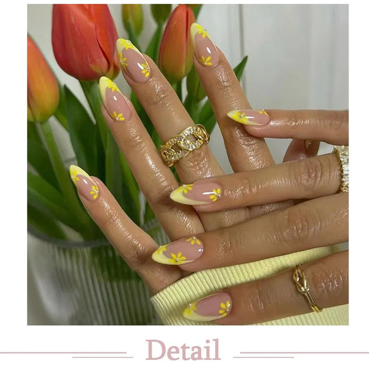 Rynx | Yellow Small Flower Pearl Cute Almond Shape False Nails Simple French Removable Ready Artificial Nails for Stick-On with Glue