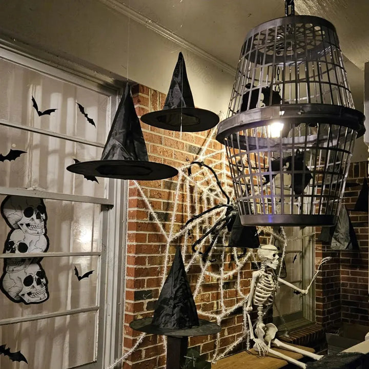 Rynx | 6/12pcs Halloween Black Witch Hats with Rope Hanging Wizard Hats XXL for Home Outdoor Porch Halloween Decoration Party Gifts