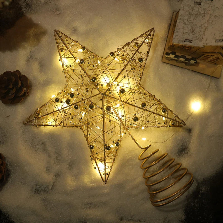 Rynx LED Light Christmas Tree Star with Beaded Wire Gold Iron Christmas Tree Ornament 2025 New Year Living Room Table Decoration Accessories