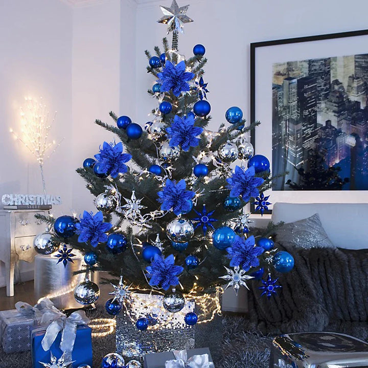 Rynx 5.7 inch artificial blue and black Christmas glitter flowers with clips 5/10 pieces Xmas tree flower ornaments Noel New Year decoration