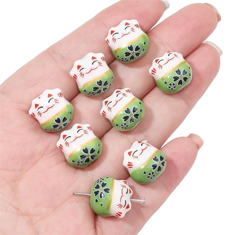 Lisslune | Set of 2 Artisan 14mm Ceramic Lucky Cat Charms for Creative Jewelry Designs