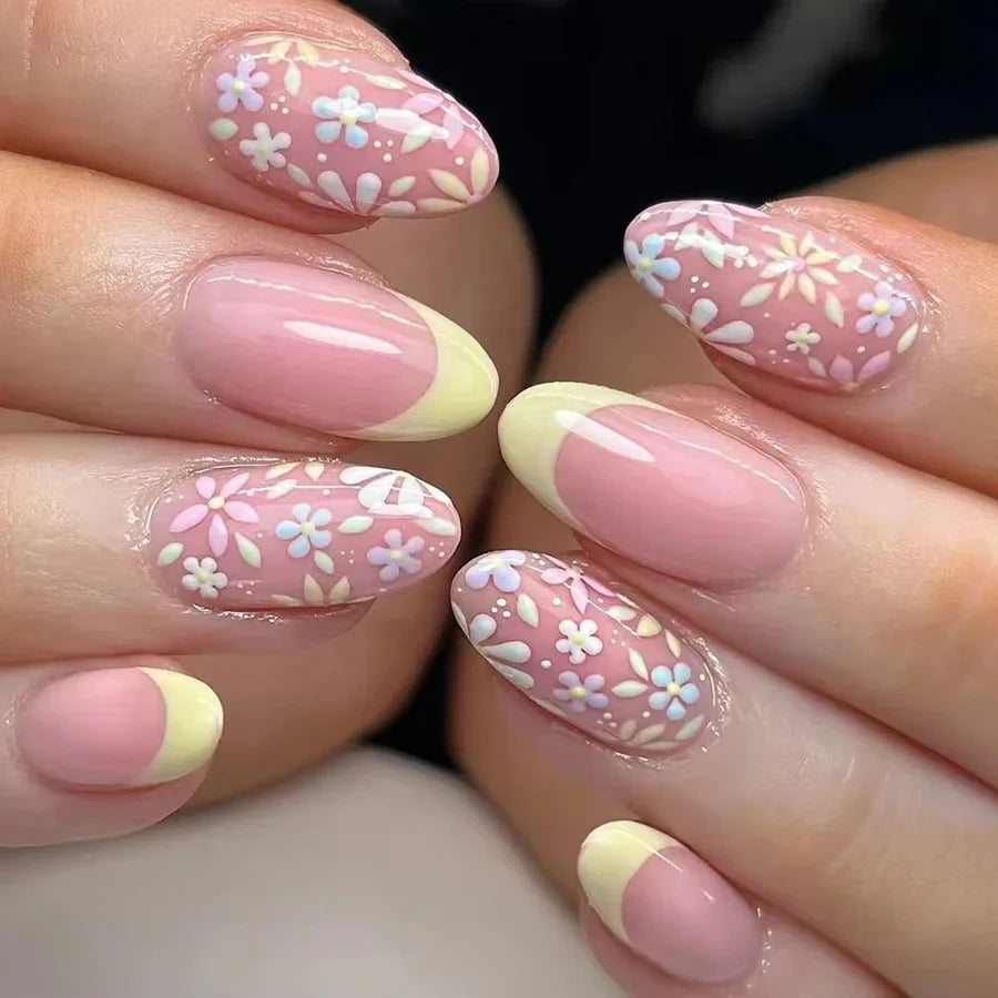 Rynx | 24 Piece Square Press-on Nails Set with Pink Flower Patterns Full Coverage Acrylic Nail Tips Glue for Stylish Women/Girls