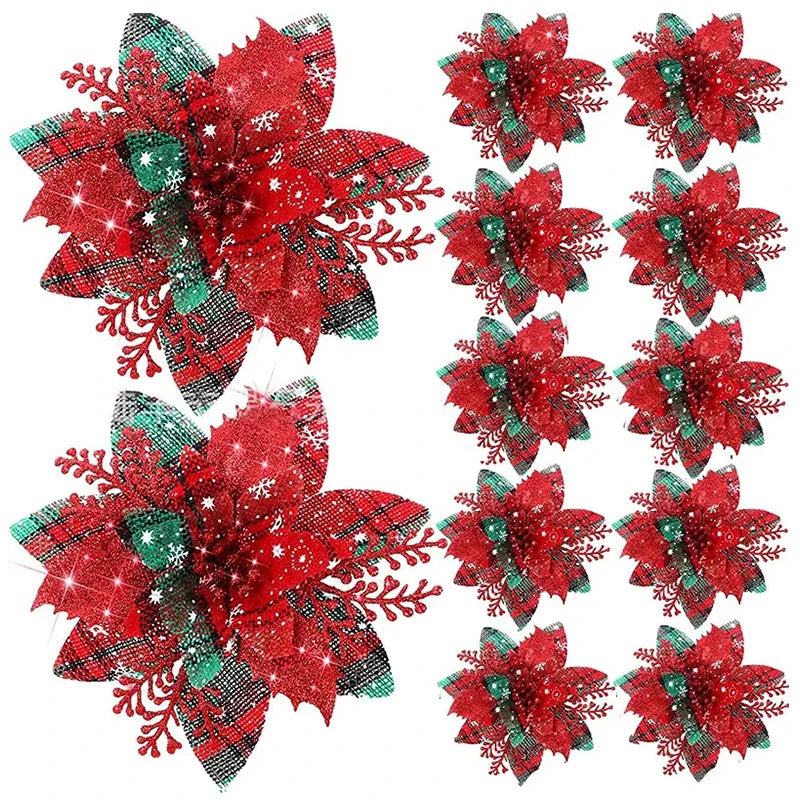 Rynx 5/10pcs Glitter Pink Christmas Flowers Xmas Tree 14cm Artificial Flowers Ornaments 2024 Christmas Decoration For Home New Year