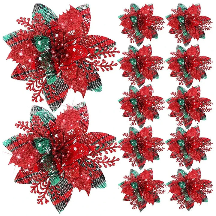 Rynx 5/10pcs Glitter Pink Christmas Flowers Xmas Tree 14cm Artificial Flowers Ornaments 2024 Christmas Decoration For Home New Year