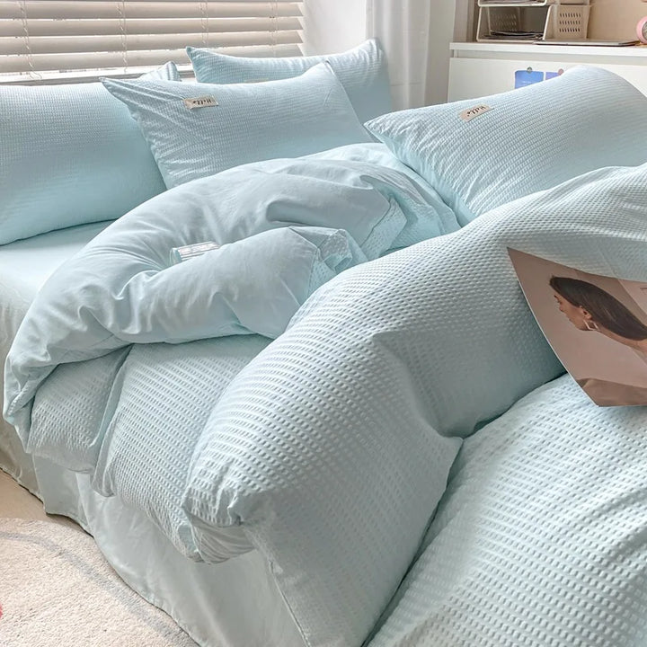 Rynx | Internet Celebrity Waffle Four-piece Set Washed Smooth Bedding Duvet Cover Fitted Sheet Bedding Contrast Color Dormitory Three Pi