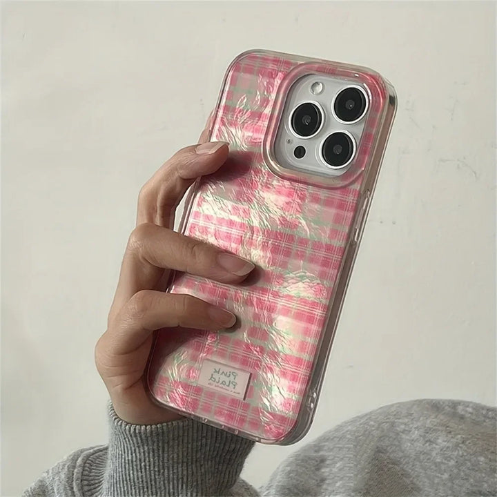 Lisslune | Für iPhone 16 15 14 13 12 11 Pro Max 7 8 Plus X XS Süßes Dopamin Farbblock Match Plaid Klare Handyhülle Pinke Tartan Weiche Abdeckung