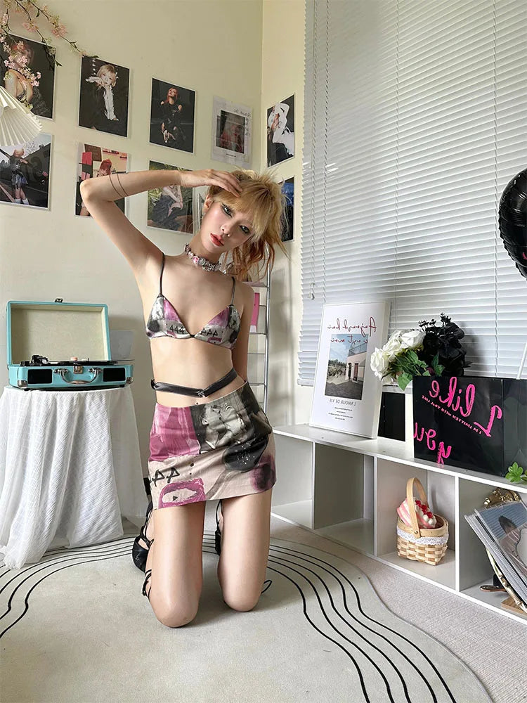 Rynx | Woman Aesthetics Bra Gyaru Outfits Ins Bustier Sexy 2-piece Skirt Sweet Set Mini Y2k Skirt A-line Elegant Set Lacing Knitted Print