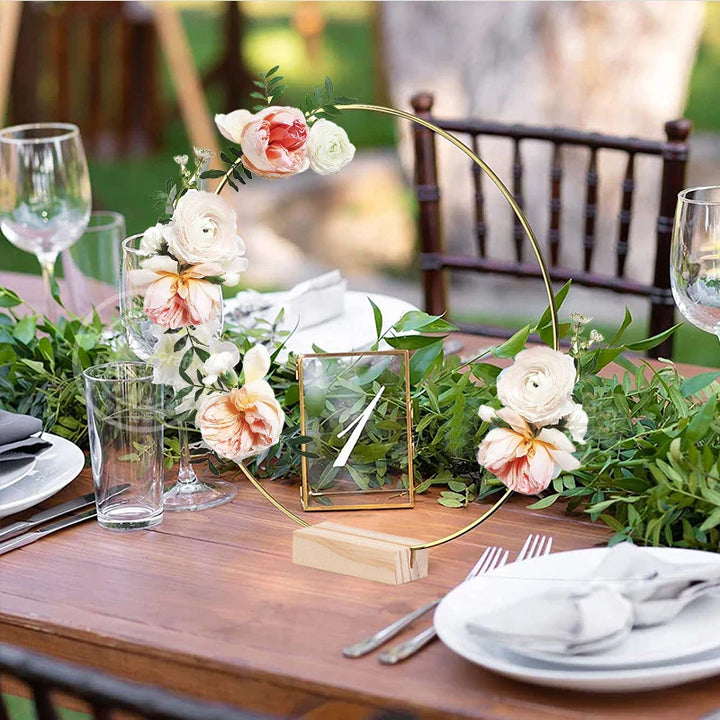 Rynx Gold Metal Flower Ring Hoop with Wood Base for Wedding Party Table Centerpiece Decoration Artificial Flower Garland DIY Wreath