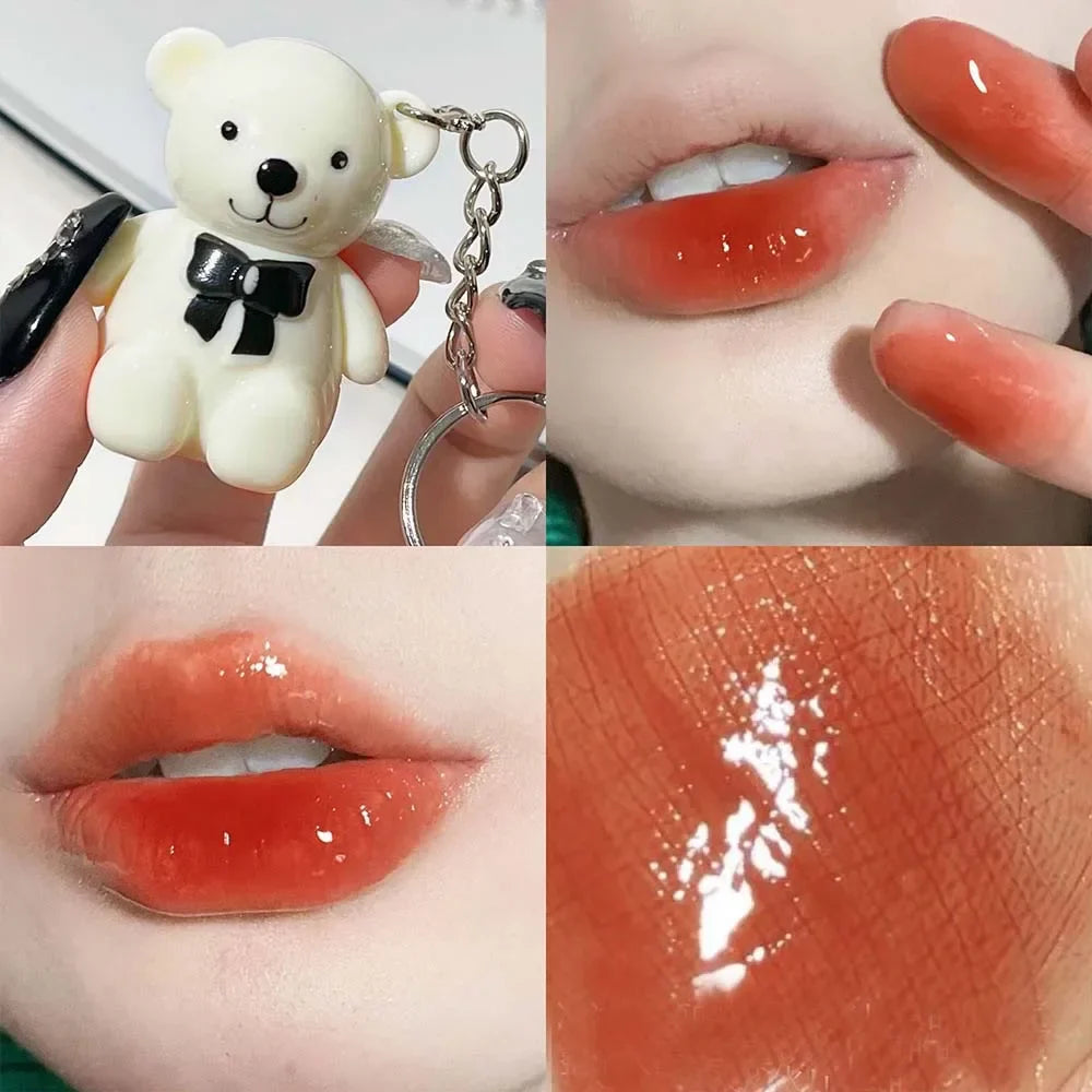 Rynx | Cute White Bear Keychain Glass Mirror Lipstick 6 Colors Sexy Jelly Red Liquid Lipsticks Waterproof Long-lasting Lip Lacquer Cosmetics