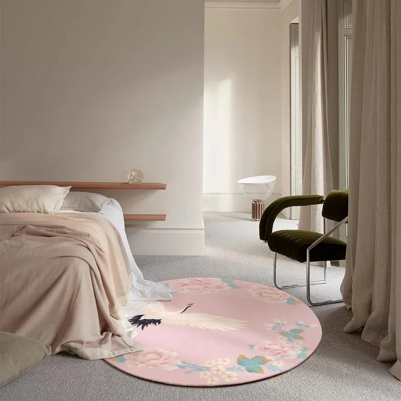 Rynx | Retro Round Living Room Rugs Pink Ethnic Style Bedroom Rug Crane Flower Girl's Room Rug Luxury Easy-Care Rugs