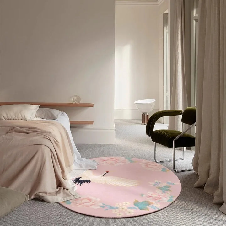 Rynx | Retro Round Living Room Rugs Pink Ethnic Style Bedroom Rug Crane Flower Girl's Room Rug Luxury Easy-Care Rugs