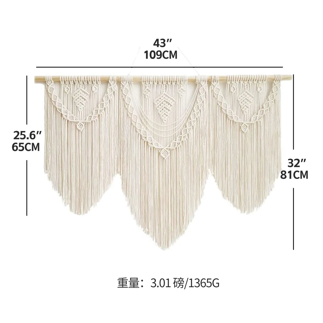 Rynx | Large Macrame Wall Tapestry Handcrafted Cotton Rope Tassel Pendant Wall Hanging Rug with Wooden Stick Handwoven Bohemia Tassel
