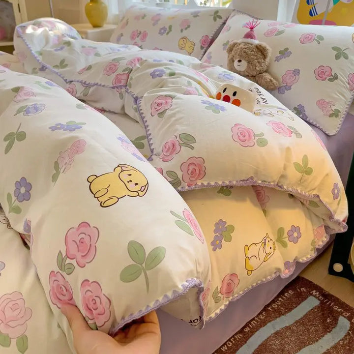 Rynx | In the Bedding Set Purple Love Stripes Double Layer Yarn Four-Piece Dorm Girl Heart Bed Sheet and Quilt Set Washed Cotton