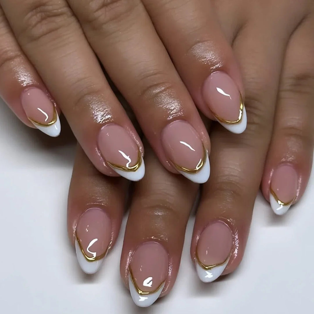 Rynx | Gold Metal French Nude Pink Nail Art Glitter Powder Fashion Artificial Nails Removable Pre-made Artificial Nails Press on Nails with Glue
