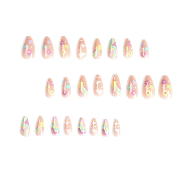Rynx | 24 pcs. Cute Colorful Artificial Nail Tips for Girls Rainbow Cloud Star Printed Almond Artificial Nails Full Cover Reusable Adhesive Artificial Nails