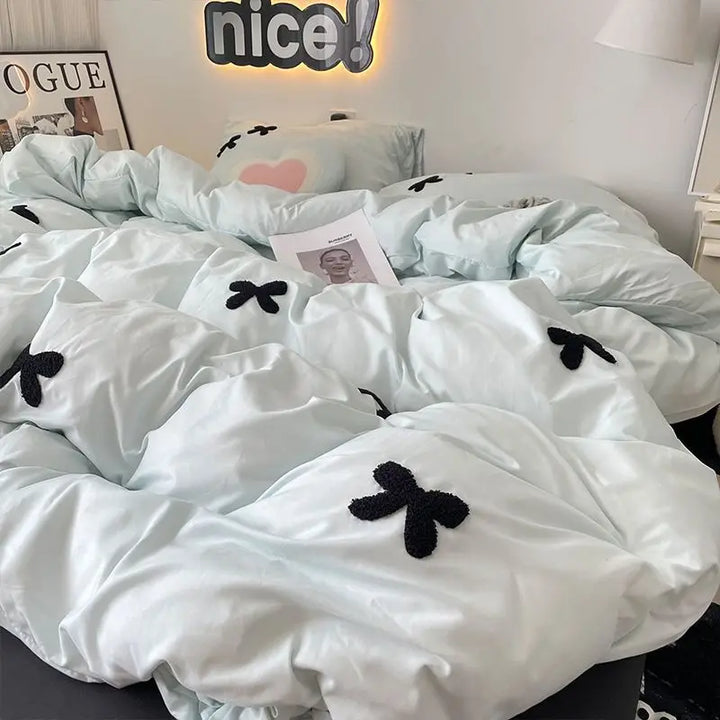 Rynx | Bedding Set in Minimalist Style Blue Wash Cotton Black Bow Towel Embroidered Four PIECE Set, 1.5 Bed Sheet
