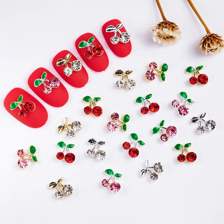 Rynx | 20 pieces/bag 3D Cherry Nail Charms Red & Pink Cherry Nail Rhinestones Nail Gemstones Nail Glitter Stud Fruit Nail Slices for Nail Jewelry
