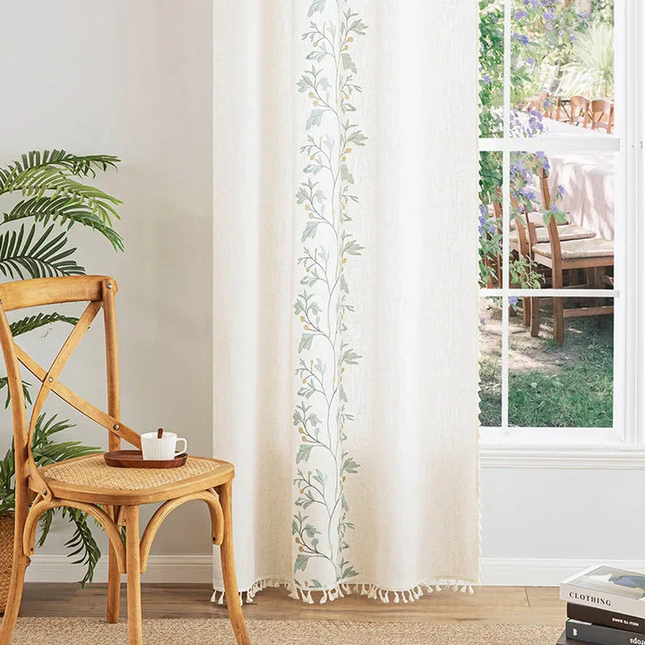 Rynx Cotton-Linen Embroidery Curtains Street Bags Shadow Curtain Tassel for Kitchen Bedroom Living Room Bay Window Closet Curtain