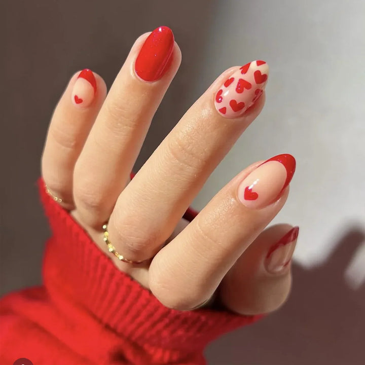 Rynx | Red Love Heart French Sweet Nail Art Nude Pink Artificial Nails Removable Finished Fingernails Valentine's Day Gift Press-on Nails With Glue