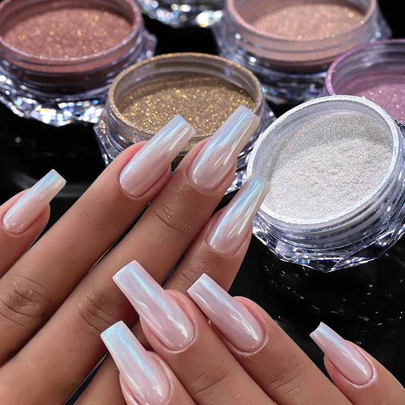 Rynx | Aurora Pearl White Nails Glitter Dust Chrome Gradient Rubbing on Powder Mirror Reflective Magnetic Pigment Nail Art Decorations