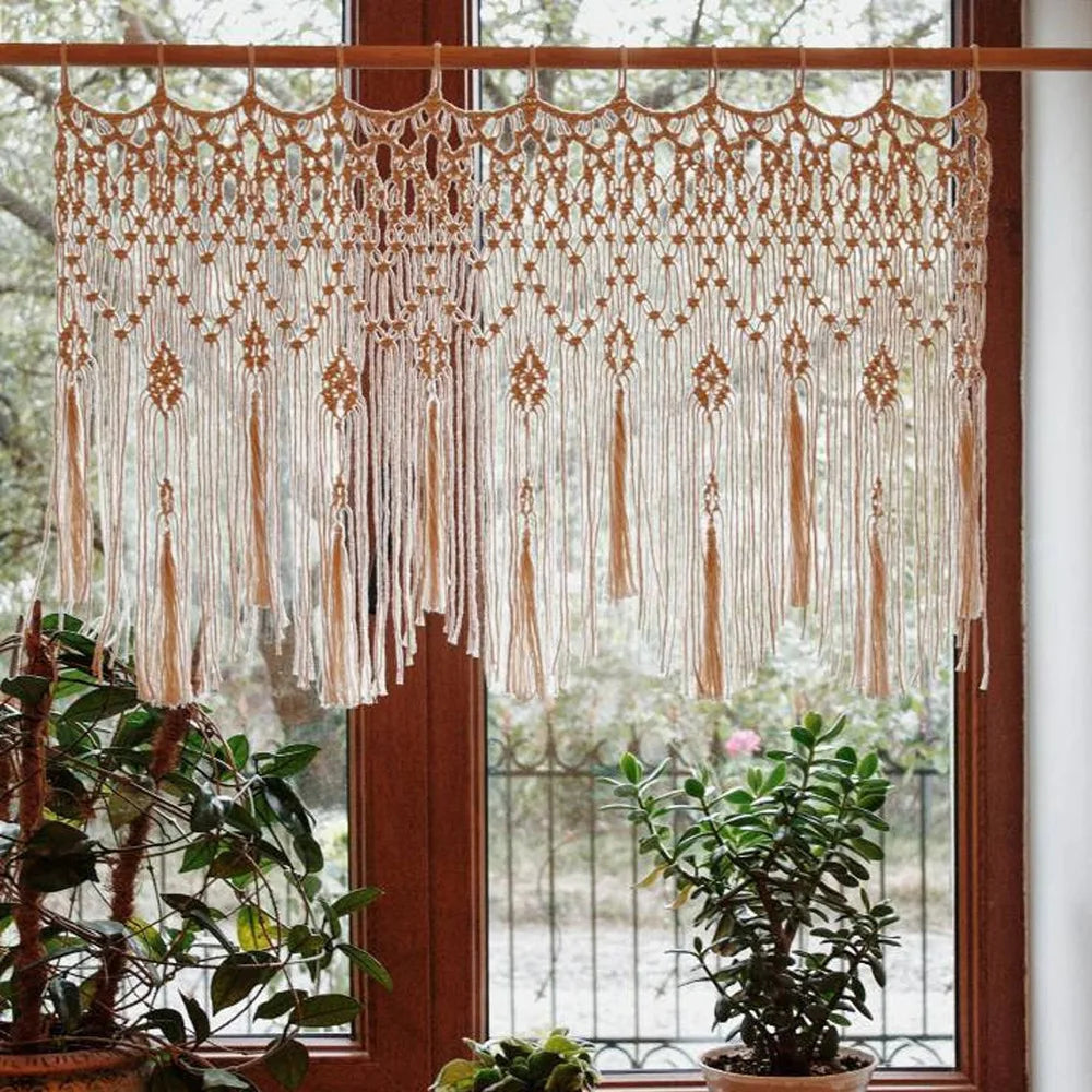 Rynx | Handwoven Macrame Curtains Tapestry Hanging Window Curtain Tassels Tapestry Bedroom Wall Art Boho Decor Door Curtain