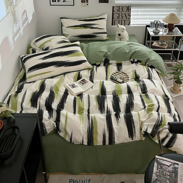 Rynx | Ins Stripe Bedding Set Green Black Duvet Cover with Pillowcase Simple Quilt Cover Adults Single Double Full Size