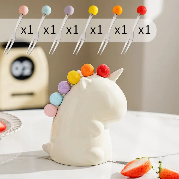 Lisslune | Ceramic Unicorn Stainless Steel Fruit Fork Set