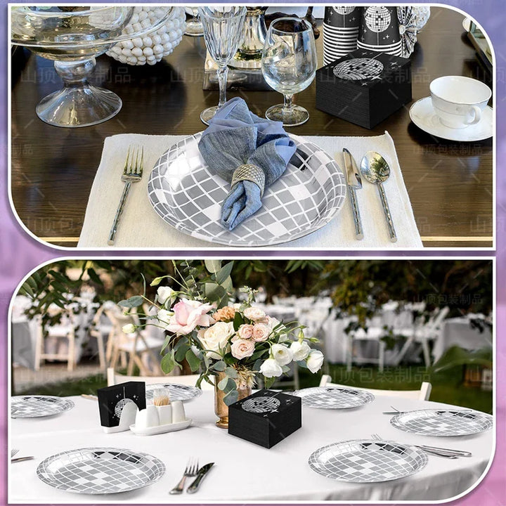 Rynx Disco Theme Party Disposable Tableware Set Silver Disco Ball Plates Napkins Cups 70s Birthday Party Decoration Wedding Supplies