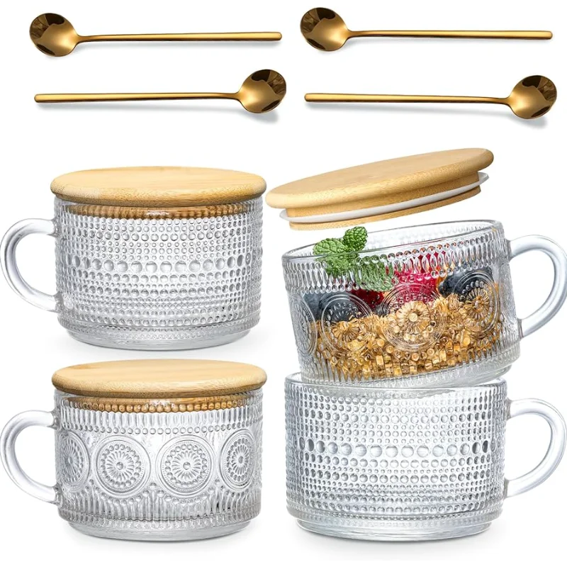 Rynx | Set Vintage Coffee Mugs Overnight Oats Containers with Bamboo Lids and Spoons 14oz Clear Embossed Glass Cups Iced Coffee Glasses