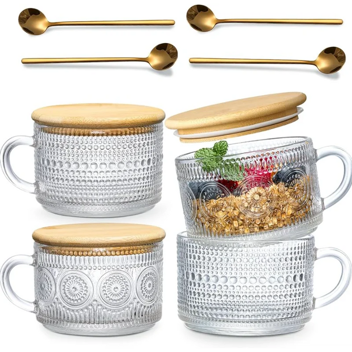 Rynx | Set Vintage Coffee Mugs Overnight Oats Containers with Bamboo Lids and Spoons 14oz Clear Embossed Glass Cups Iced Coffee Glasses