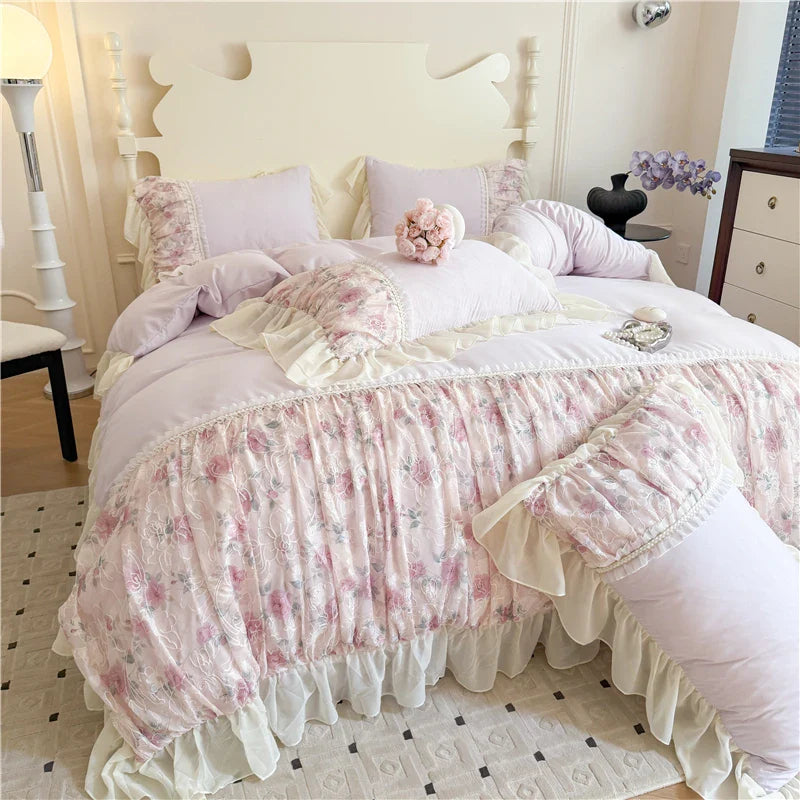 Rynx | Flower Lace Ruffle Princess Wedding Bedding Set Full Queen King Duvet Cover Bed Skirt/Bed Sheet/Fitted Sheet Pillowcases 4 Pieces