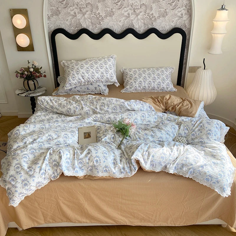 Lisslune | Ins Floral Bettwäsche Set Spitze Romantisch Für Frauen Mädchen Flach Spannbetttuch Mit Orange Kissenbezügen Weiches Gewaschenes Baumwolle Vollgröße