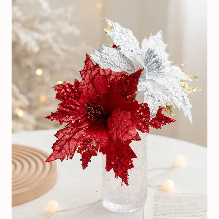 Rynx | 1PC Christmas Gold Silver Artificial Flower Christmas Tree Sequin Artificial Flowers DIY Decorations for Festival Party New Year Decoration